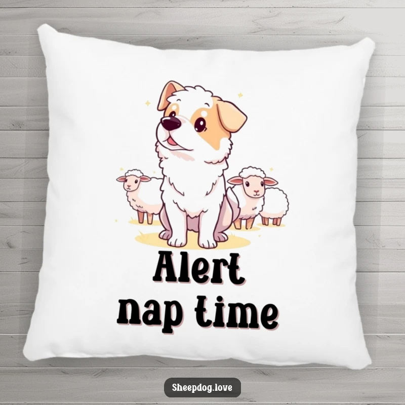 Funny guard sheepdog pillow, an alert dog watching the horizon to protect sheep.