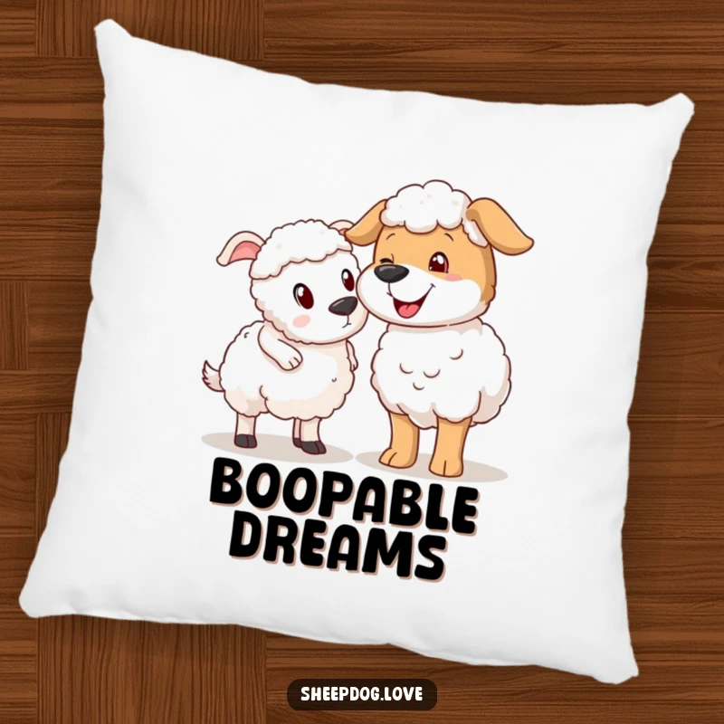 Funny sheepdog nudging sheep pillow, a dog playfully nudging a surprised sheep.