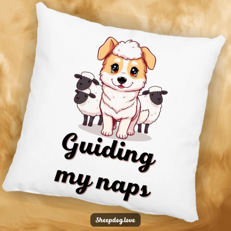 Funny pillow featuring a sheepdog with a determined look, guiding sheep with focus and control.
