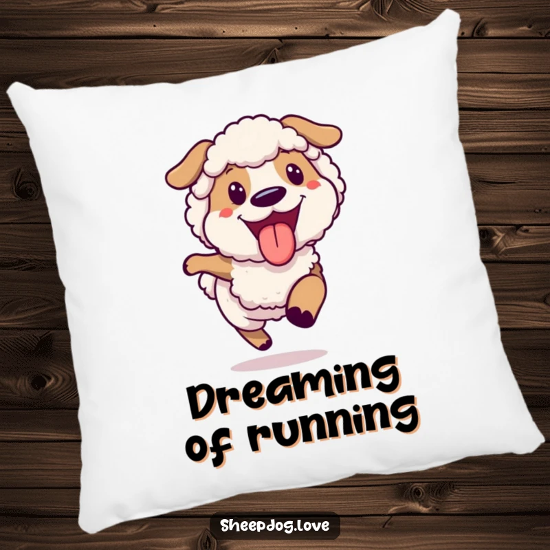 Funny joyful sheepdog running pillow, a happy dog with tongue out, running enthusiastically.