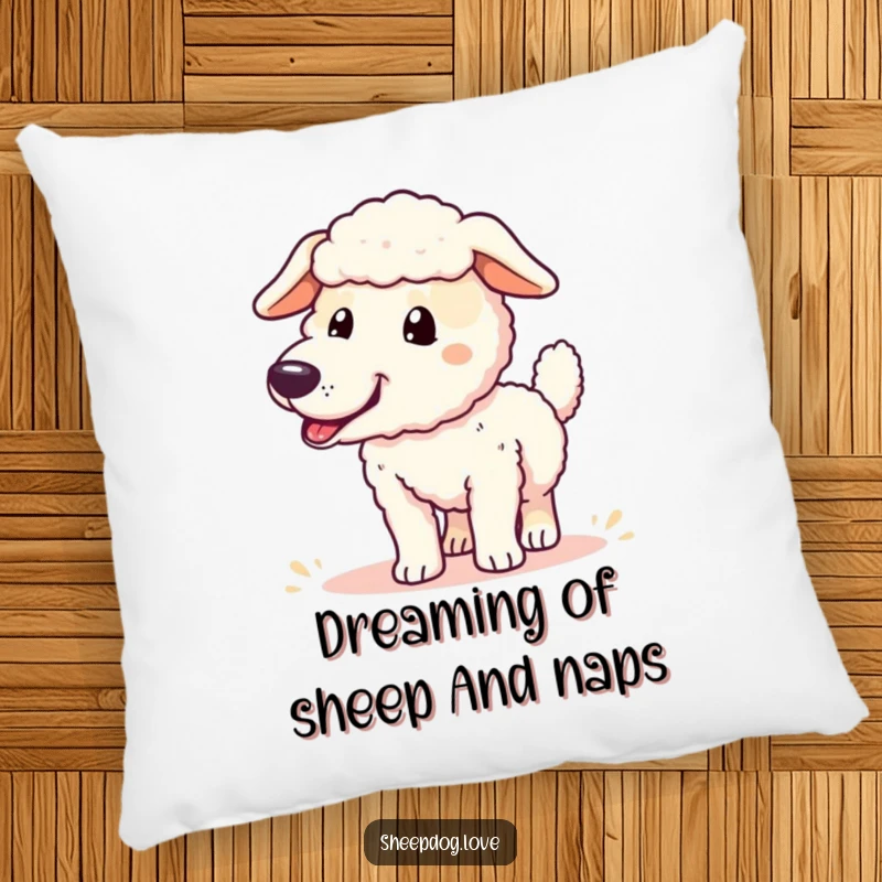 Funny sheepdog pillow featuring a happy sheepdog with a wildly wagging tail, symbolizing pure joy and accomplishment.