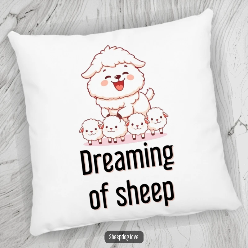 Funny sheepdog pillow featuring a sheepdog joyfully herding fluffy sheep, soft comfort, charming farm theme, an ideal funny gift.