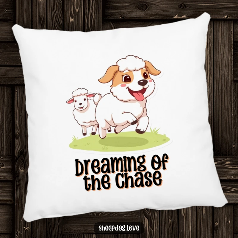 Funny Sheepdog pillow with a happy dog sticking its tongue out while running, bringing a sense of playful movement and comfort.