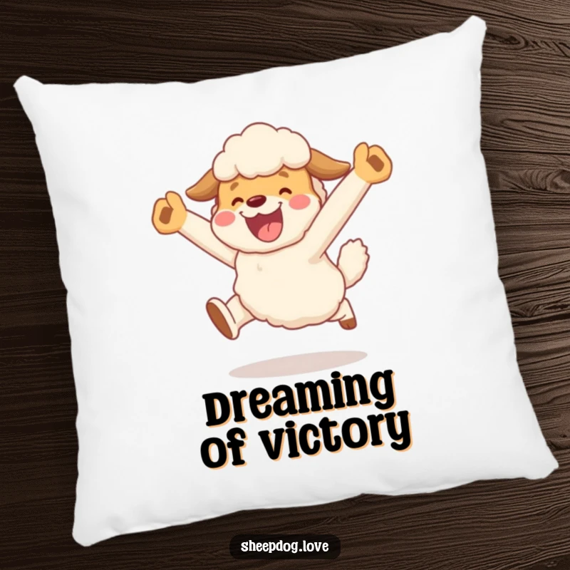 Funny pillow depicting a sheepdog character in a joyful, celebratory leap after herding, offering comfort and a touch of funny triumph.