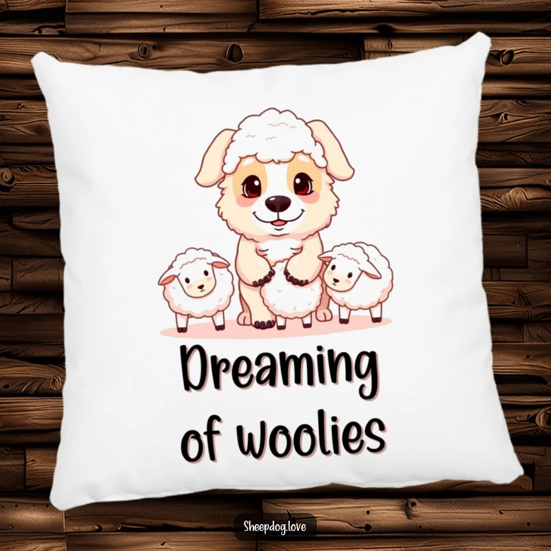 Funny sheepdog pillow featuring a playful herding dog with a focused gaze rounding up sheep, offering comfort and a touch of canine intelligence.