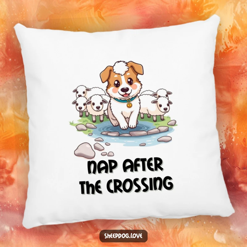 Funny Determined Sheepdog Pillow with a focused sheepdog guiding sheep across a stream, offering purpose and comfort.