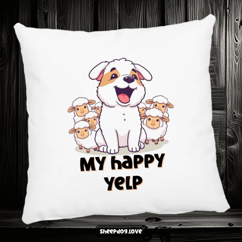 Funny sheepdog joyfully barking at sheep, depicted on a soft, decorative pillow for humorous comfort.