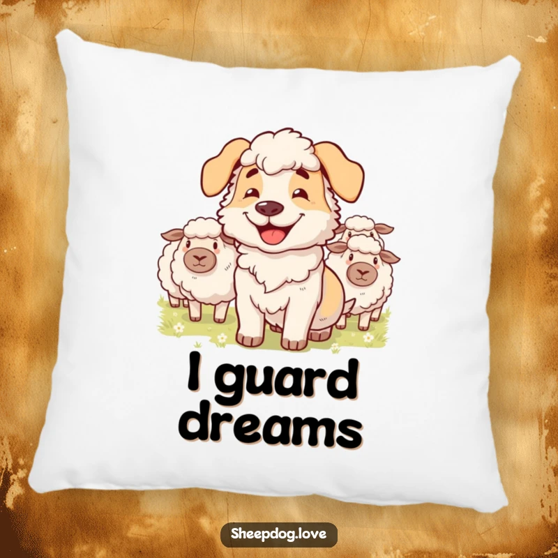 Funny pillow featuring a grinning sheepdog expertly herding fluffy sheep, offering cozy comfort and humorous appeal.