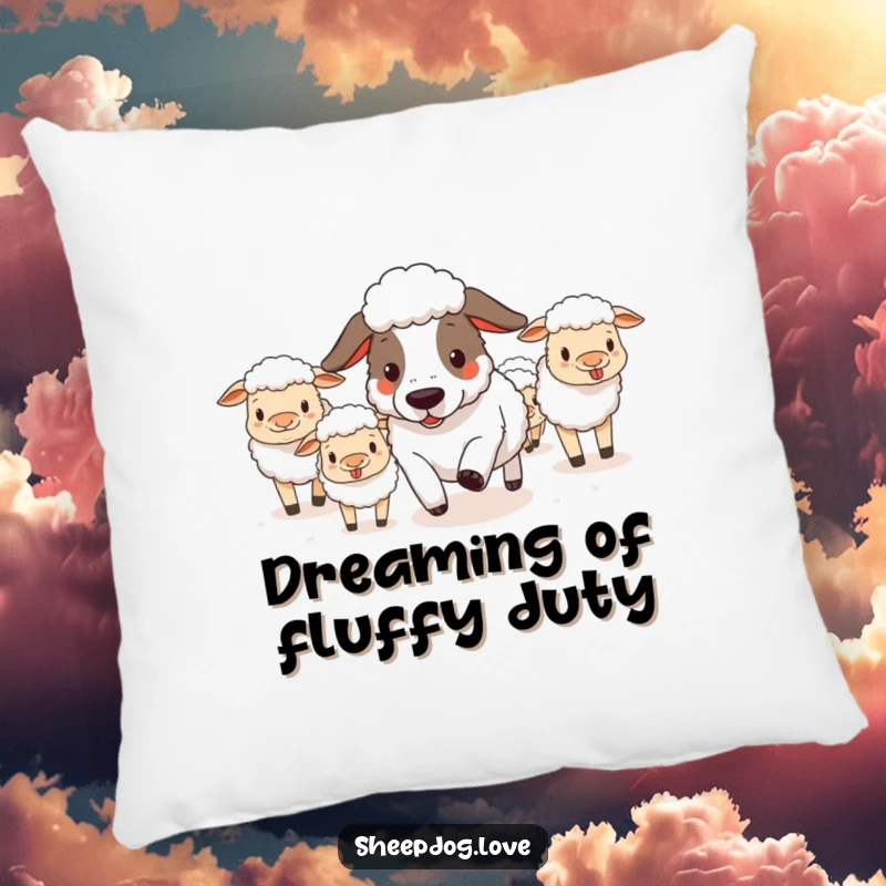 Funny sheepdog energetically herding fluffy sheep, depicted on a soft, decorative pillow for humorous home accents.
