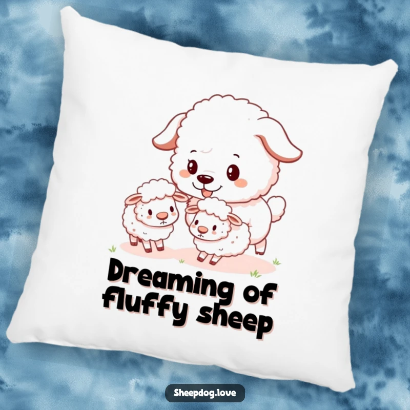 Funny Sheepdog Pillow featuring a fluffy sheepdog playfully herding tiny, bouncy sheep, adding cozy humor to any room.