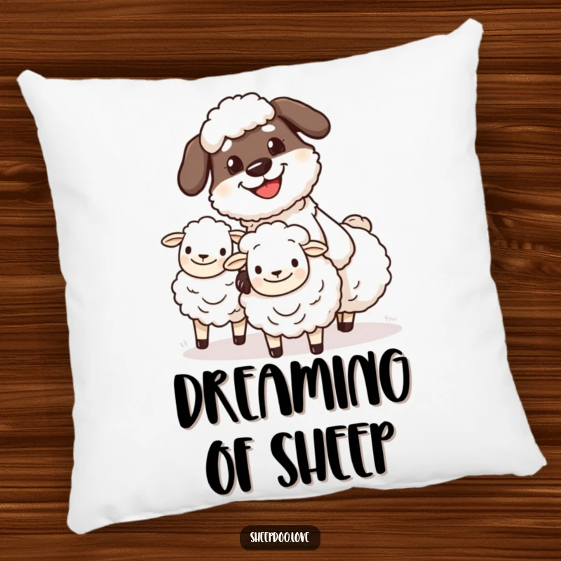 Funny sheepdog herding pillow with a design of a determined, grinning character herding sheep, offering comfort and humor.