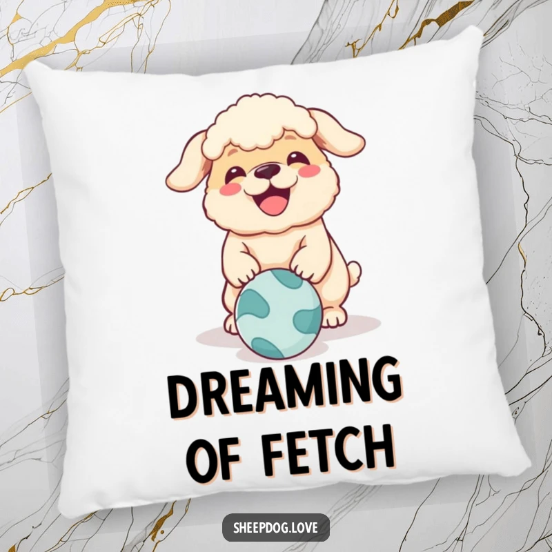 Funny sheepdog pillow with a design of a happy dog barking at a rolling ball, providing comfort and humor.