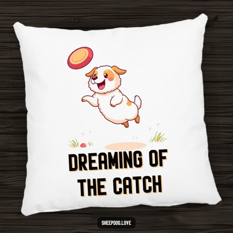 Funny sheepdog pillow illustrating a determined sheepdog focused on catching a frisbee with all its might.
