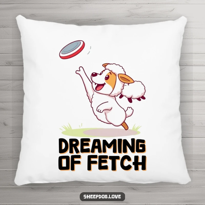 Funny Sheepdog Pillow: Sheepdog energetically catching a frisbee thrown by a sheep, a soft and humorous design.