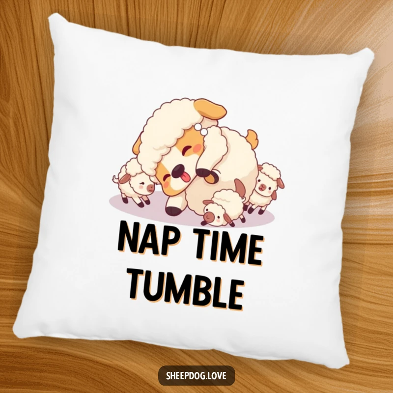 Funny Sheepdog Pillow: A sheepdog in a playful tumble surrounded by sheep, a soft and charming design.