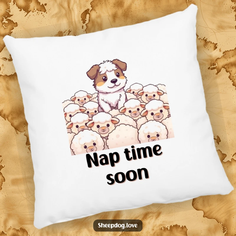 Funny Sheepdog Pillow with a soft texture, depicting a sheepdog watching over a field of fluffy sheep, offering cozy and humorous decorative appeal.