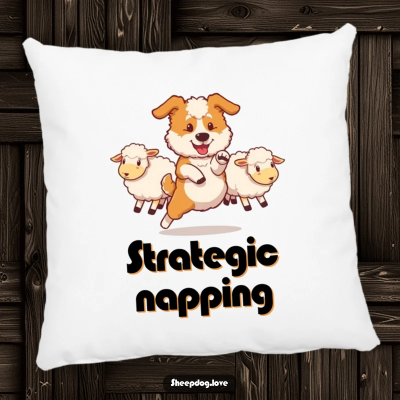 Funny sheepdog pillow featuring a dog performing a swift maneuver to redirect sheep, perfect for adding dynamic humor and comfort.