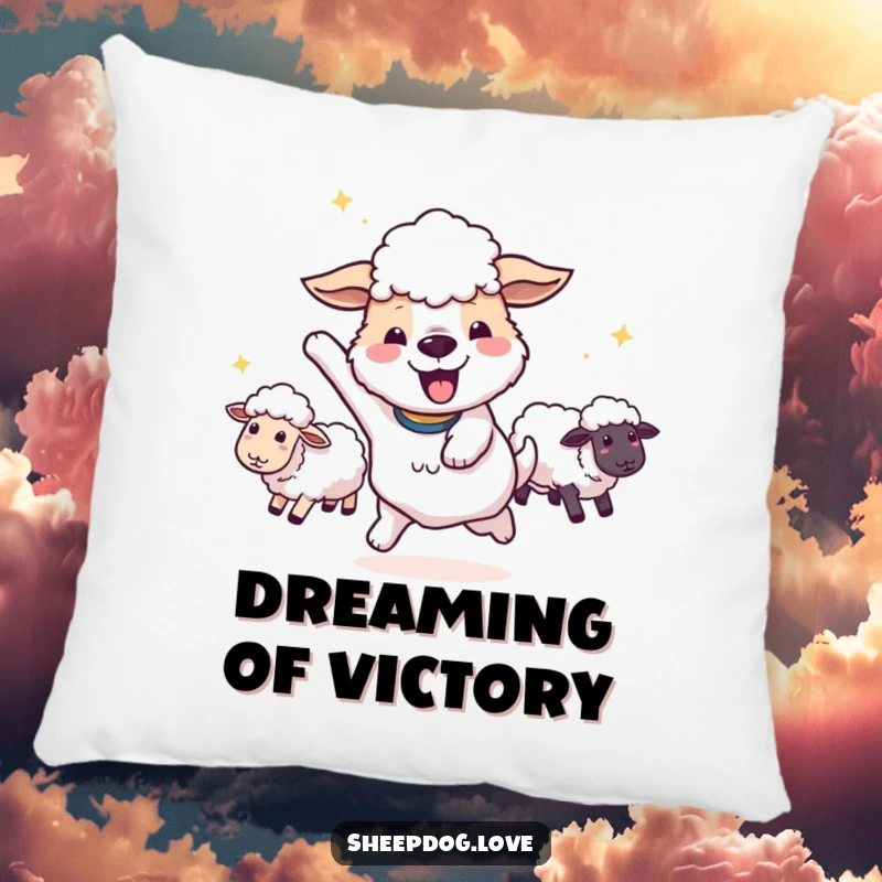 Funny happy sheepdog doing a victory spin with sheep in tow on a pillow, perfect for cozying up.
