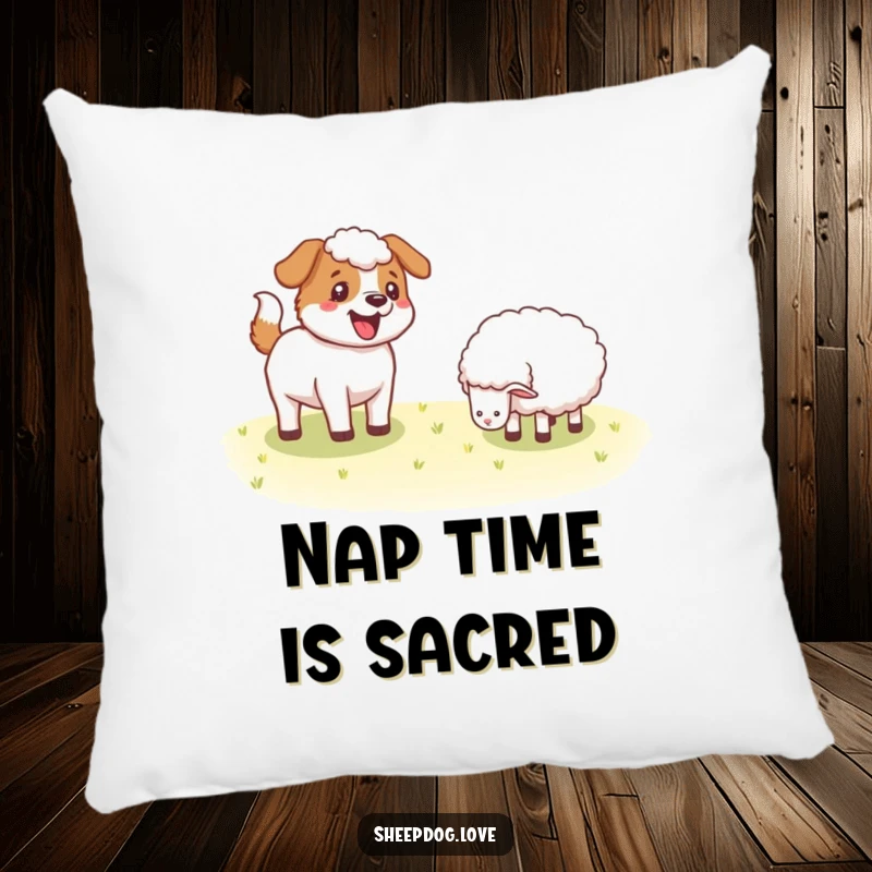 Funny Sheepdog pillow with a delightful image of a dog wagging its tail near sheep, offering comfort and a touch of farm humor.