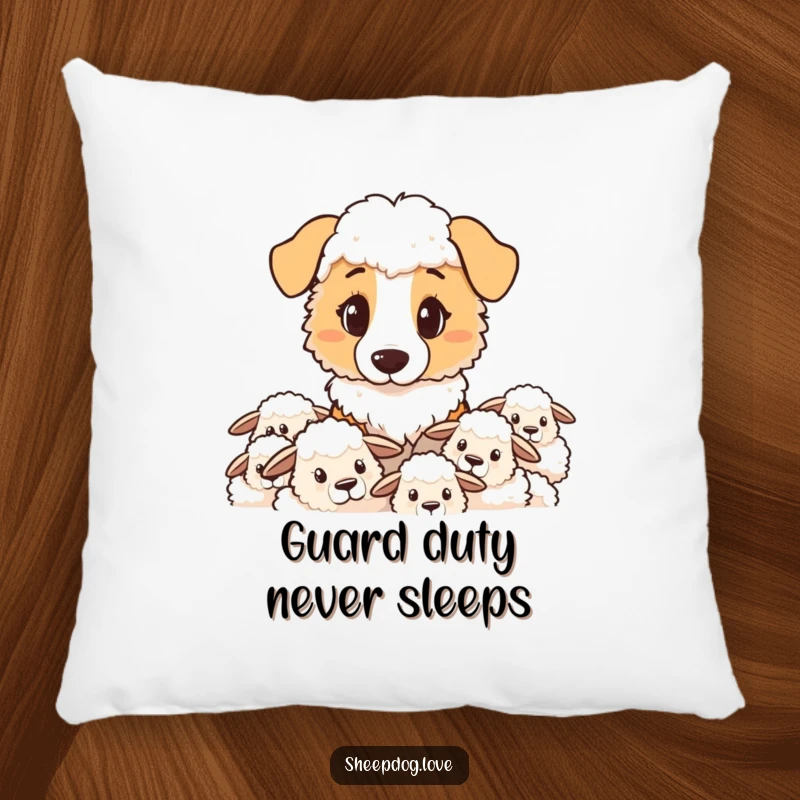 Funny sheepdog pillow depicting a determined sheepdog in a watchful stance, guarding its flock.