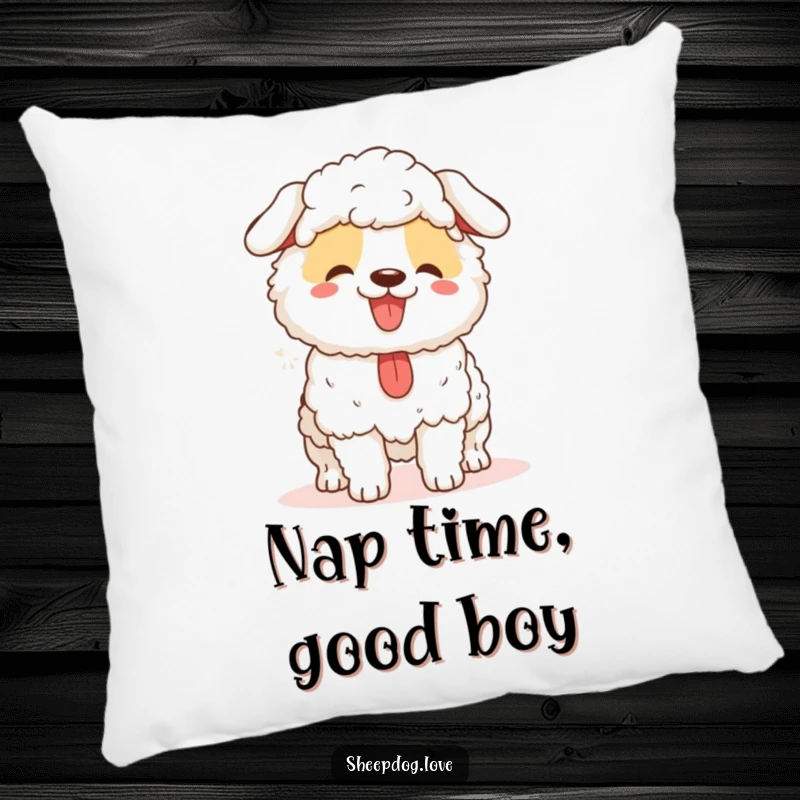 Funny sheepdog pillow with a happy, panting herder dog looking content, a soft and humorous decorative gift.
