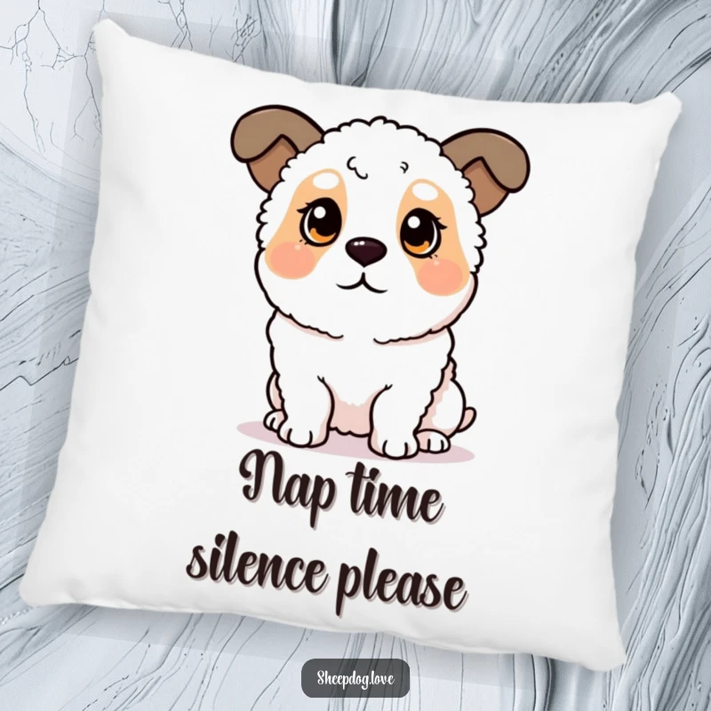 Funny sheepdog pillow featuring a dog with perked ears in a listening pose, offering comfort and humor. A delightful home accessory.