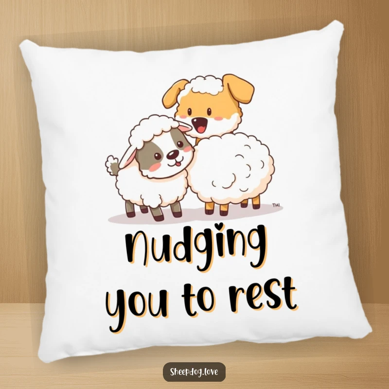 Funny sheepdog playfully nudging a stray sheep, depicted on a soft, decorative pillow for humorous comfort.