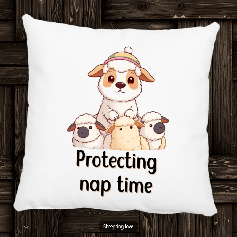 Funny pillow featuring a sheepdog in a hat watching its flock, offering cozy comfort and a symbol of diligent care.