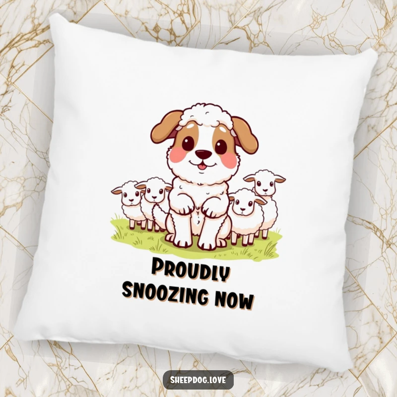 Funny sheepdog pillow featuring a proud dog after herding sheep, offering comfort and humor. A delightful home accessory.