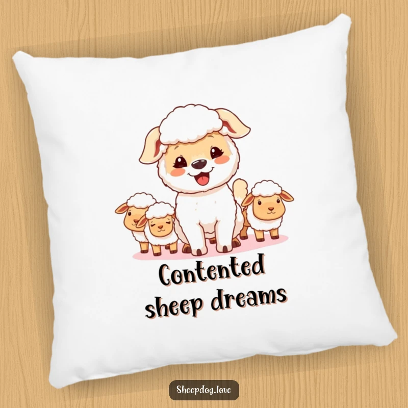Funny sheepdog pillow, a soft cushion showing a happy dog wagging its tail, beaming with pride over its flock.