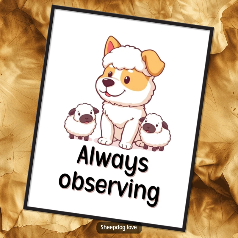 Funny Sheepdog Digital Art Print: Sheepdog with a determined, happy expression watching sheep, a loyal and humorous illustration.