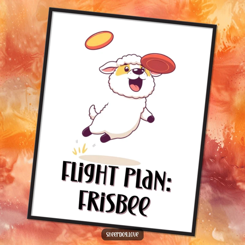 Funny sheepdog digital art print, a sheepdog in peak athletic form leaping to catch a frisbee, full of vibrant energy.