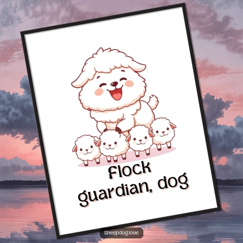 Funny sheepdog digital art print of a sheepdog joyfully herding fluffy sheep, heartwarming farm scene, downloadable art, a hilarious funny gift.