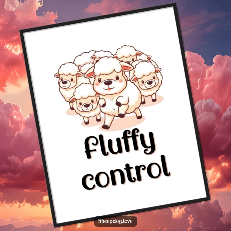 Funny Digital Art: Sheepdog herding fluffy sheep, symbolizing farm humor, canine charm, and fun, ready to adorn any space as a funny gift.