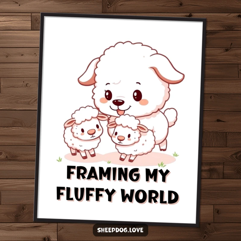 Funny Sheepdog Digital Art Print depicting a fluffy sheepdog joyfully herding a group of tiny, bouncy sheep.