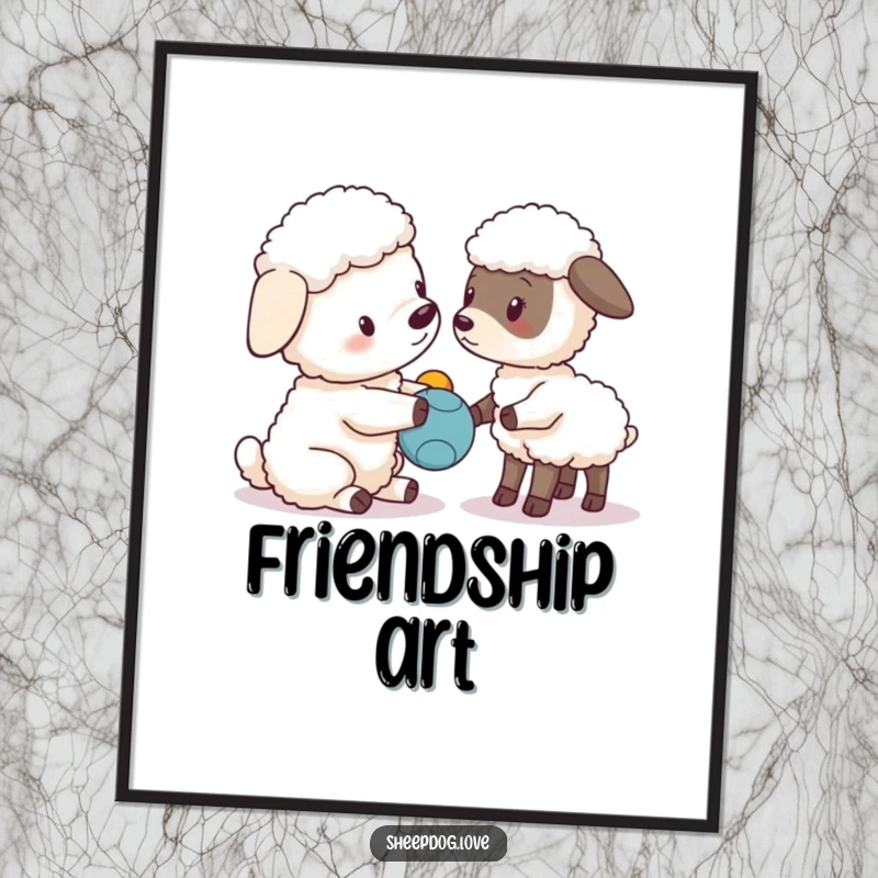 Funny sheepdog character presenting a toy to a curious lamb, digital art print.