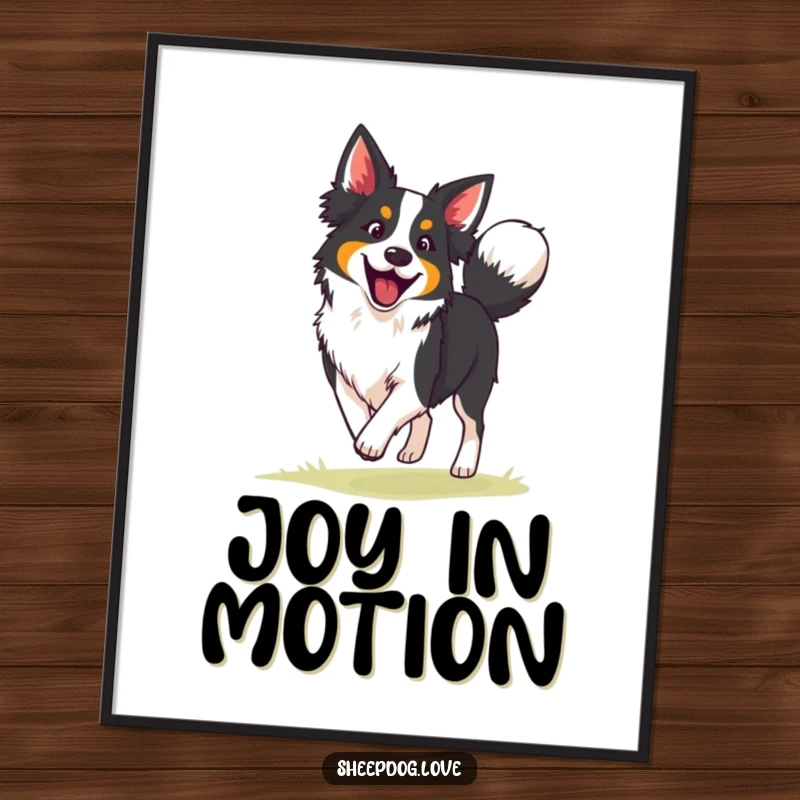 Funny border collie digital art print of an enthusiastic herding dog wagging its tail, capturing its joyful and focused demeanor.