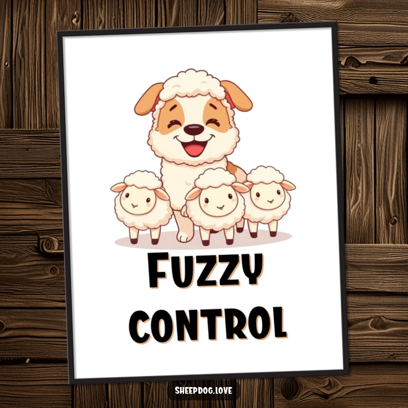 Funny digital art print of a sheepdog with a grin herding sheep, providing instant humorous decor for dog lovers.