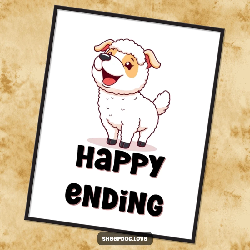Funny digital art print of a sheepdog wagging its tail excitedly after a successful round-up, providing instant humorous decor.