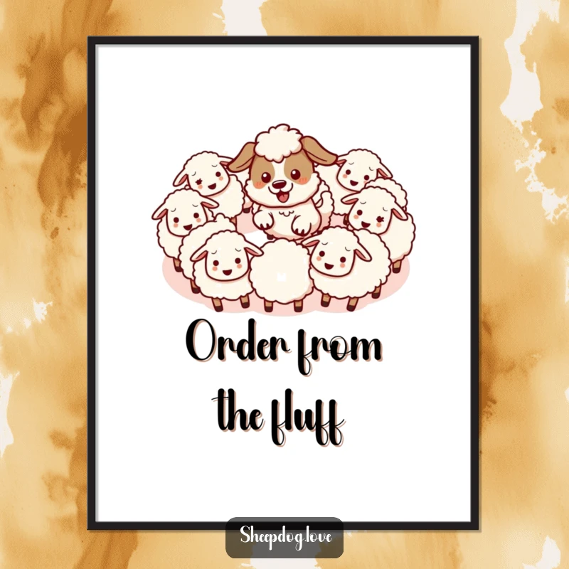Funny digital art print of an energetic kawaii sheepdog herding fluffy sheep in a circle, embodying cute action and lighthearted fun.