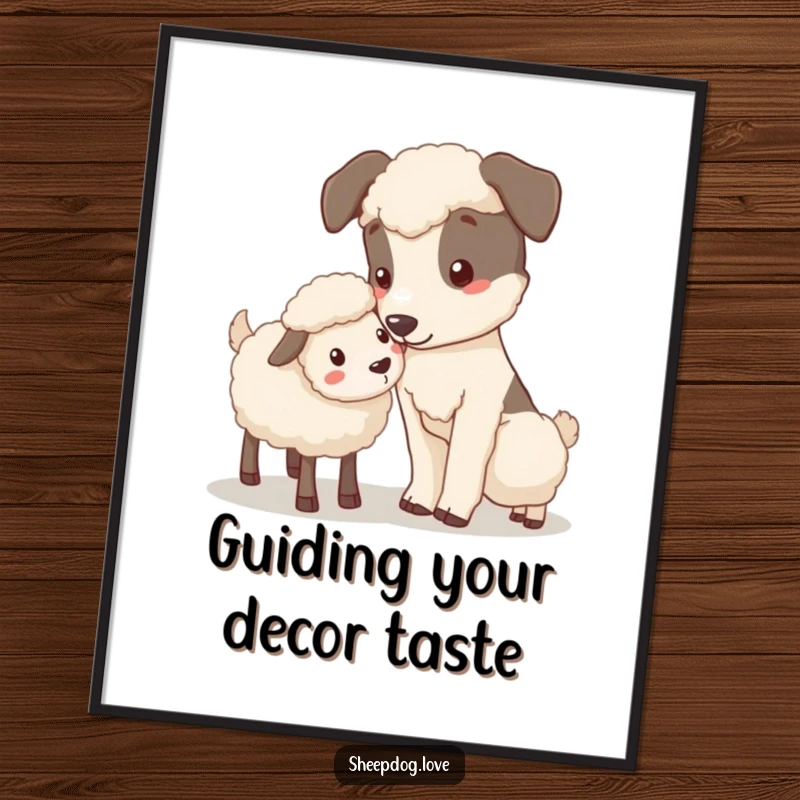 Funny Nudging Sheepdog Digital Art Print of a sheepdog gently nudging a stray sheep, symbolizing tenderness and care.