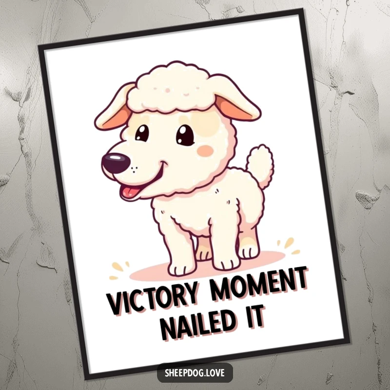 Funny sheepdog digital art print of an ecstatic sheepdog with a furiously wagging tail, embodying pure celebration.