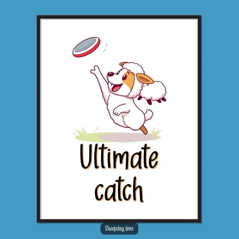 Funny Sheepdog Digital Art: Energetic Frisbee Catch, Instant Hilarious Downloadable Decor