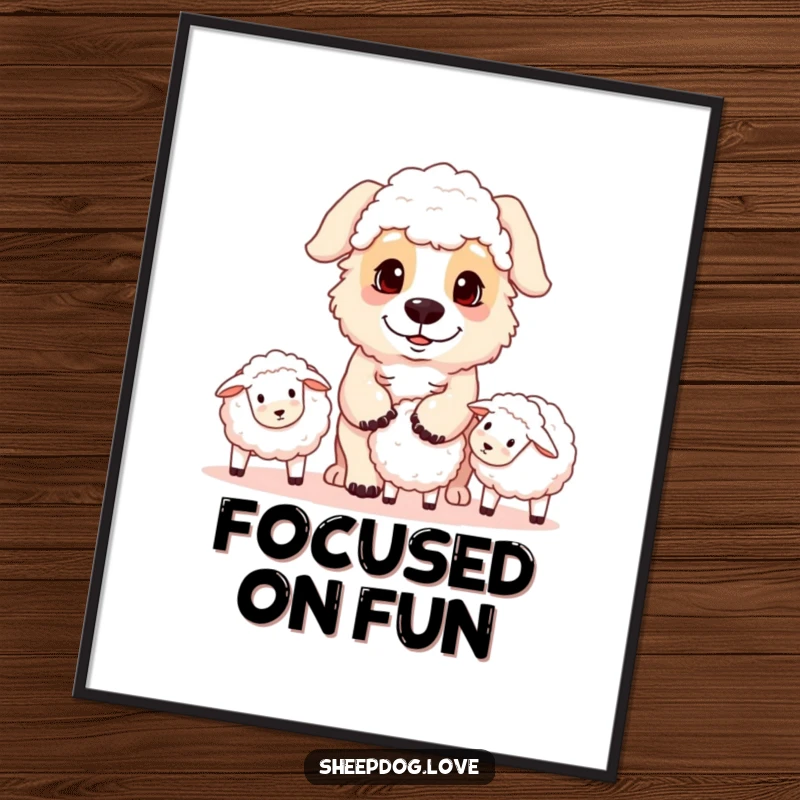 Funny sheepdog digital art print of a playful herding dog with a focused gaze, skillfully rounding up sheep with charm.