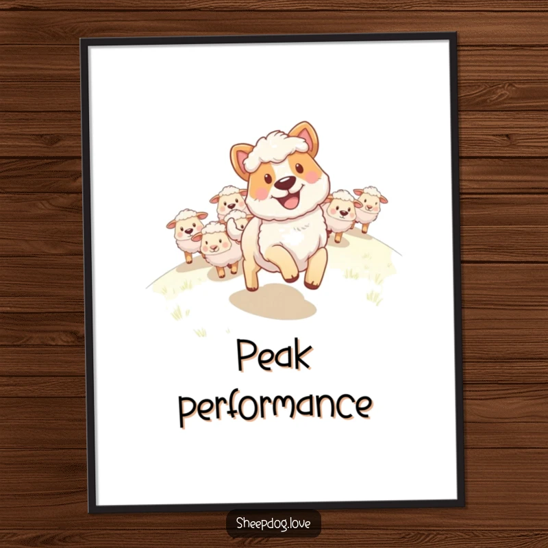 Funny Sheepdog Digital Art Print: A happy sheepdog with a grin leading a flock of sheep uphill, full of life.