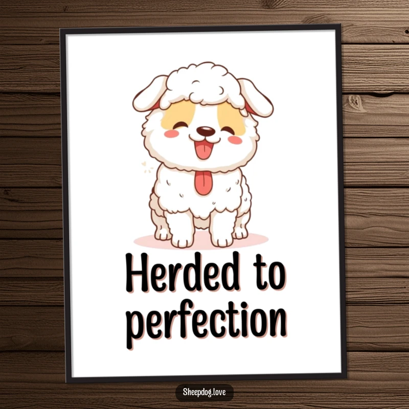 Funny sheepdog digital art print of a happy panting herder dog, instantly downloadable for humorous wall decor.