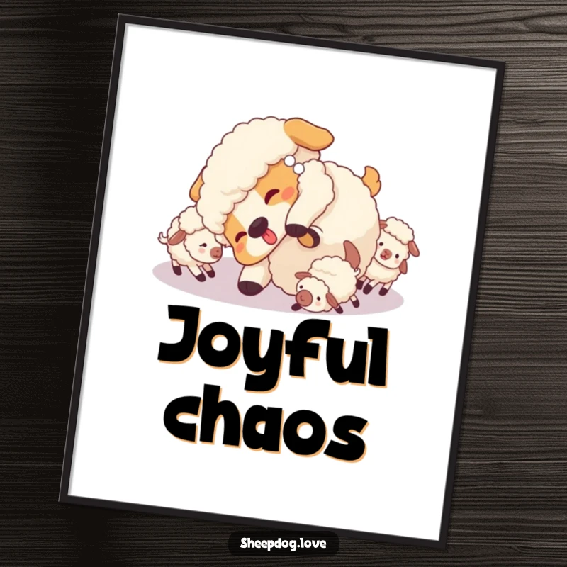 Funny Sheepdog Digital Art Print: Sheepdog doing a playful tumble surrounded by little sheep, a charming and humorous illustration.