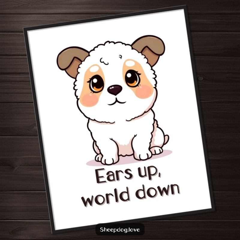 Funny sheepdog digital art print of a dog with perked ears listening intently, ready for download and printing. Great artwork.