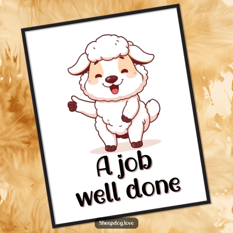 Funny sheepdog digital art print of a proud dog wagging its tail, perfect for adding instant warmth and humor.