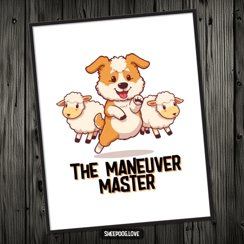 Funny sheepdog digital art print of a dog performing a swift maneuver to redirect sheep, perfect for instant humor.